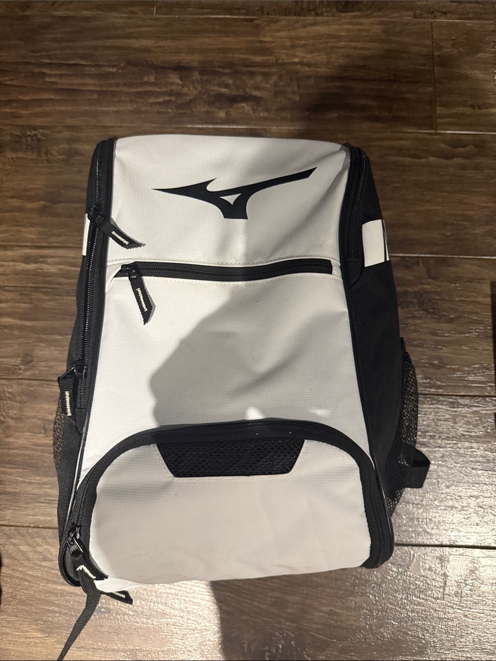 Mizuno White and Black Sports Backpack with Front Zip Pocket